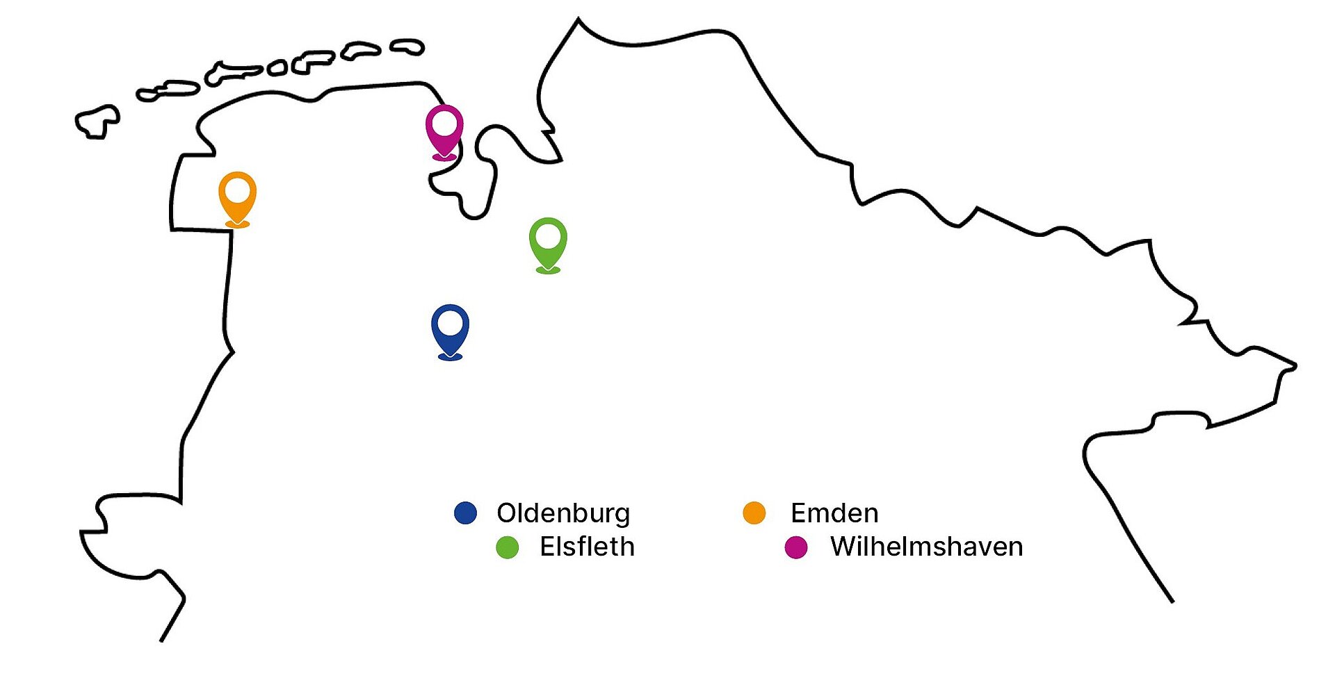Standorte des Studierendenwerks Oldenburg auf einer stilisierten Karte von Norddeutschland