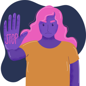 Illustration einer weiblichen Person, die ihre Hand nach vorne streckt. Auf der Hand steht "Stop".