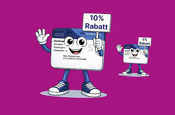 Zwei CampusCards als Figuren mit Gesicht, Armen und Beinen, die Schilder hochhalten mit der Aufschrift "10% Rabatt" und "5% Rabatt"
