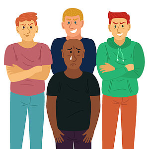 Illustration einer Mobbing-Situation von 3 Weißen gegen einen Schwarzen Mann