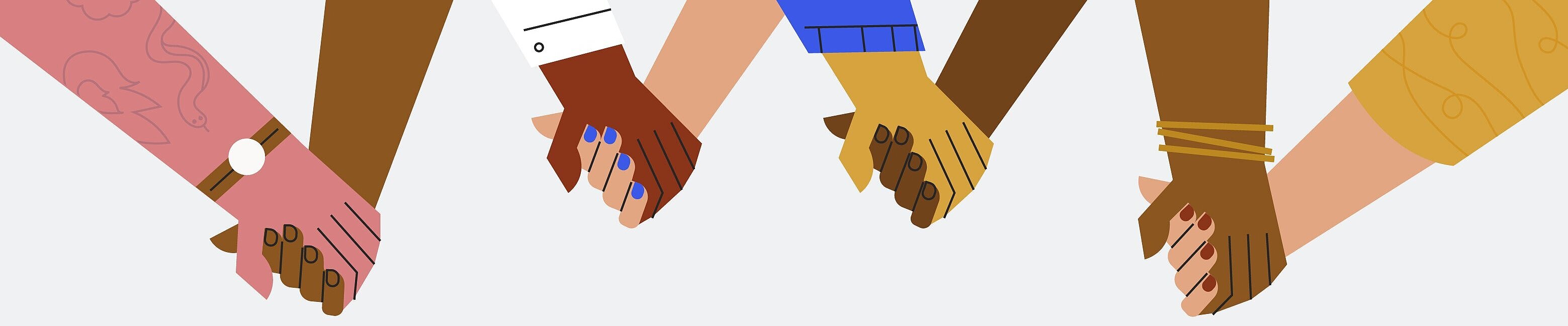 Illustration von mehreren Händen unterschiedlicher Hautfarben, die sich halten