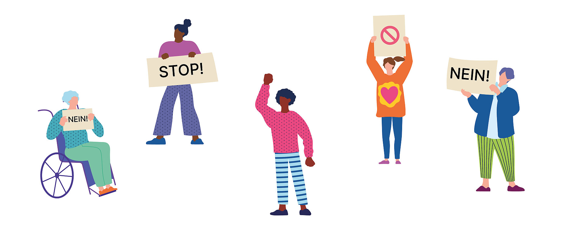 Illustration diverser Figuren, die Schilder mit Aufschriften wie "Stop!" oder "Nein!" tragen.